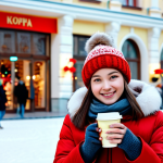 **

"A stylish young woman in Moscow, standing near GUM department store during winter. She is wearing a warm, fashionable down jacket, a knitted hat with earflaps (ushanka), and holding a cup of hot tea or coffee. The background shows the brightly lit GUM and Red Square with festive decorations. Safe for work, appropriate attire, professional photograph, perfect anatomy, natural proportions, fully clothed, modest winter clothing."

**